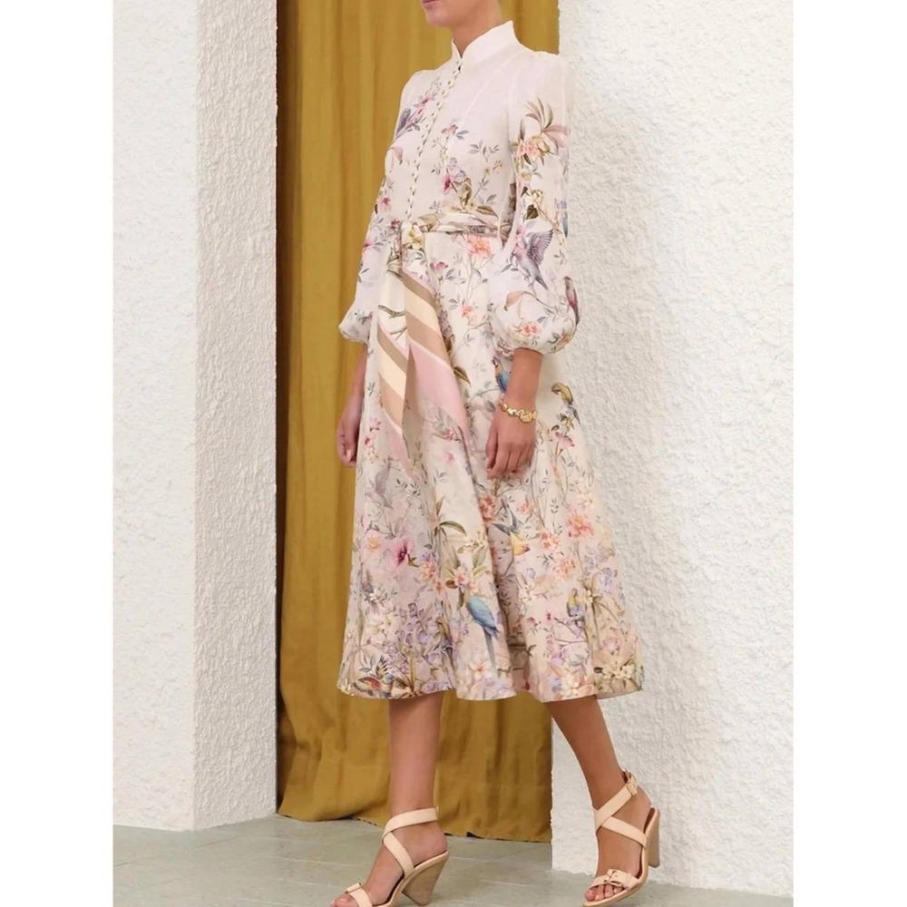 Zimmermann Rebellion Button Midi Dress Cream Aviary Linen Silk Belted Size US 4 - Picture 2 of 16